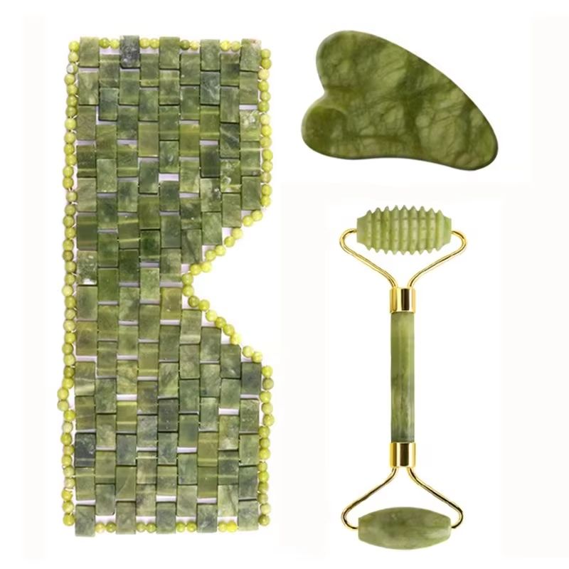Jade Roller Stone - ชุดนวดหน้าด้วยหยก แผ่นนวดหน้ากัวซา ลูกกลิ้งหยก ชุดกัวซา แผ่นกัวซา สำหรับดูแลผิวหน้า