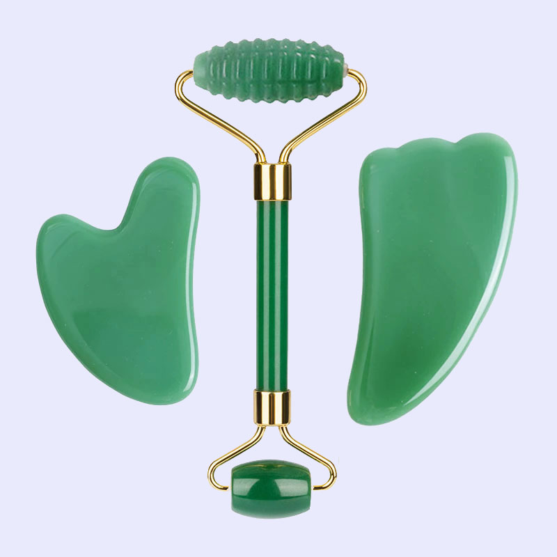 Jade Roller Stone - ลูกกลิ้งนวดหน้าหยกอะเวนเจอรีน พร้อมที่ขูดกัวซา หินกัวซาธรรมชาติ ลูกกลิ้งนวดหน้า กัวซา ที่ขูดหน้า