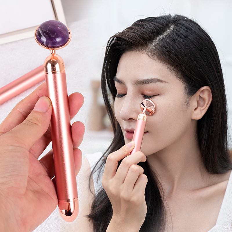Jade Roller Stone - ลูกกลิ้งหินธรรมชาติทองคำสีกุหลาบไฟฟ้าอเมทิสต์หยกควอตซ์แบบดั้งเดิมนวดตาดูแลผิวหน้านวดตาดีท๊อกซ์เครื่องมือความงาม